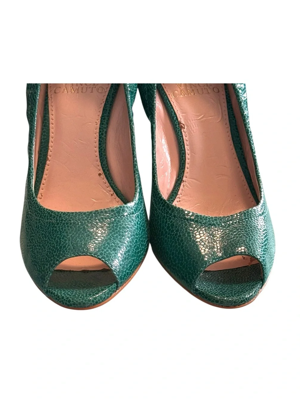 Vince Camuto Emerald Green Embossed Leather Peep Toe Wedge Heels 6.5M